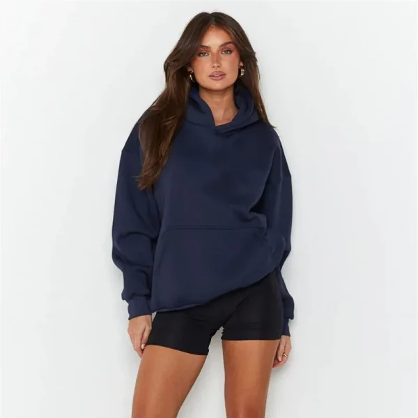 Men women navy blue Hoodies Autumn Long Sleeve Pullover Tops Casual Pocket Hoodies Unisex Outer Loose Sport Wear - Image 3
